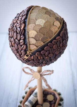 Сувенир статуэтка топиарий (дерево счастья) с кофе и монетами ручная работа хенд мейд подарок2 фото