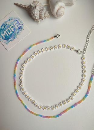 Комплект прикрас з бісеру, чокер, ромашки, білий, веселка, білий, веселка, різнокольорові кольє, намисто, тренд, намисто