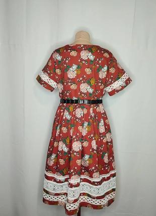Сукня теракотова, червона, котонова, з мереживом, квітковий принт5 фото