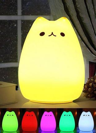 Дитячий силіконовий нічник little cat silicone light світильник у вигляді милого котика 7 кольорів