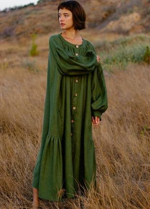 Зелена сукня максі з об'ємними рукавами та пишною спідницею з воланами з натурального льону