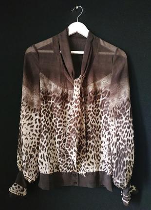 Дизайнерська блузка романтичний стиль анімалістичний леопардовий принт об'ємні рукави манжети краватка як шовк, ручна робота блуза ексклюзив