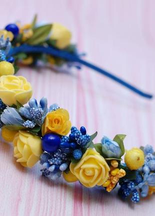 Обруч з квітами жовто-синьо-блакитний1 фото