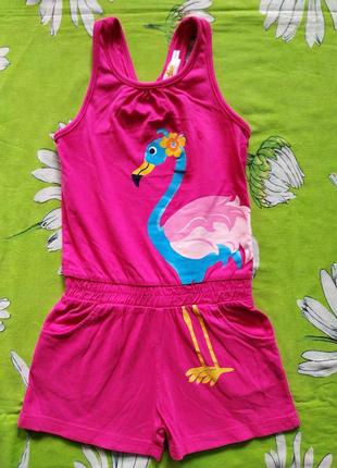 Розовий літній комбінезон,ромпер з фламінго для дівчинки 4-5 років