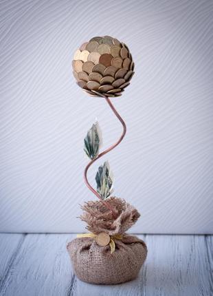 Сувенир статуэтка топиарий (дерево счастья) из монет маленький ручная работа хенд мейд подарок