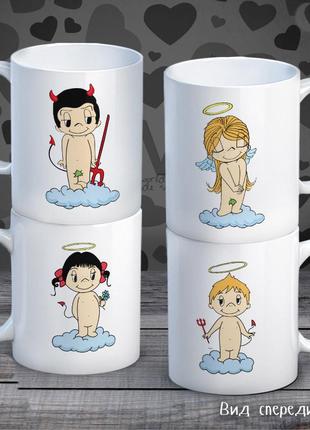 Семейные белые чашки (кружки) с принтом "ангелы и демоны. love is"