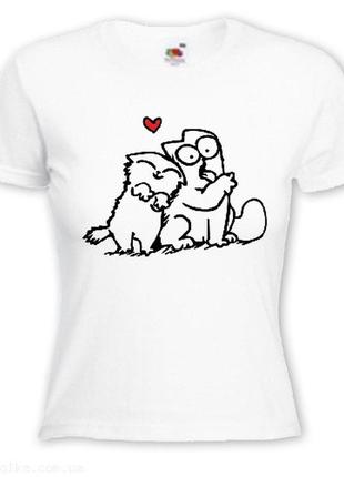 Женская футболка с принтом кот саймон с подружкой, сердечко push it