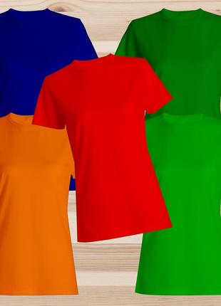 Комплект (набор) женские футболки базовые: темно-зеленая, зеленая, красная, оранжевая, темно-синяя