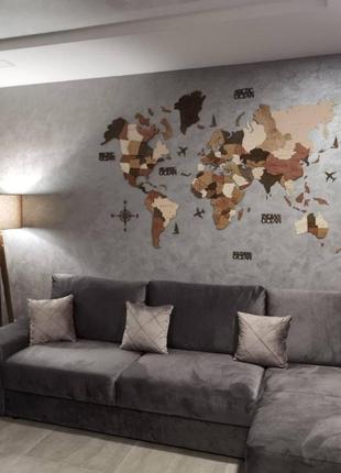 Многослойная деревянная карта мира на стену