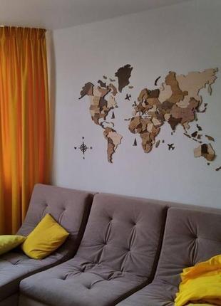 Многослойная деревянная карта мира на стену