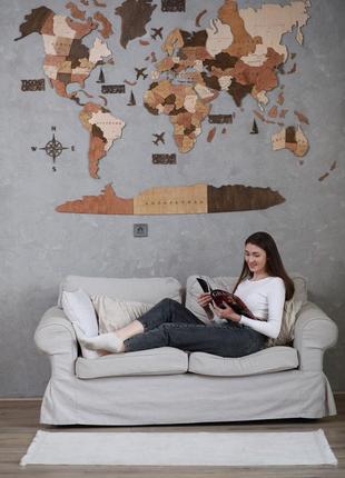Многослойная деревянная карта мира на стену1 фото