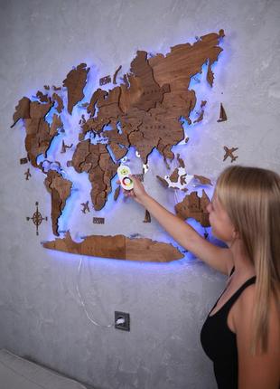 Карта світу на стіну з лід підсвічуванням дерев'яна багатошарова на акрилі 3д1 фото