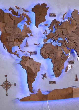 Карта світу на стіну з лід підсвічуванням дерев'яна багатошарова на акрилі 3д9 фото