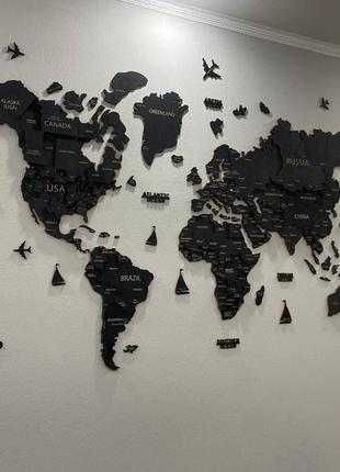 Карта світу на стіну, дерев'яна багатошарова з країнами та столицями 3д7 фото