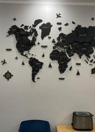 Карта мира на стену, деревянная многослойная со странами и столицами 3д6 фото