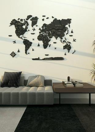 Карта мира на стену, деревянная многослойная со странами и столицами 3д