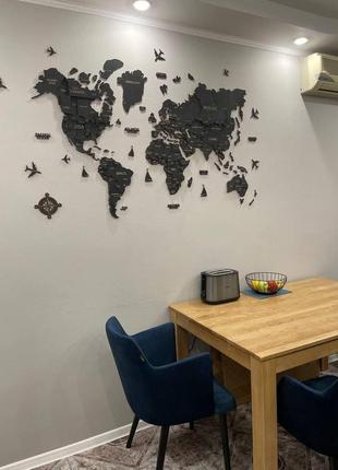 Карта мира на стену, деревянная многослойная со странами и столицами 3д