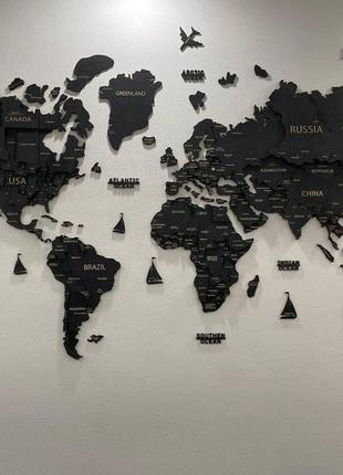 Карта мира на стену, деревянная многослойная со странами и столицами 3д4 фото