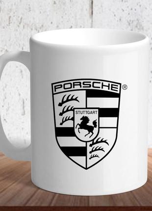 Біла кружка (чашка) з логотипом автомобіля "porsche logo"