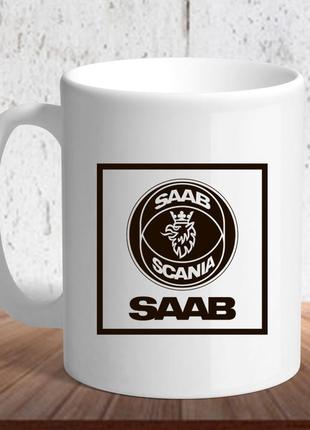 Белая кружка (чашка) с логотипом автомобиля  "saab6"