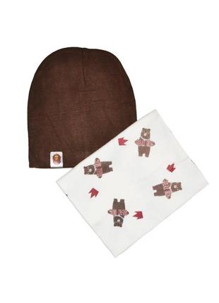 Комплект (шапка, шарф-снуд) с медведями коричневый