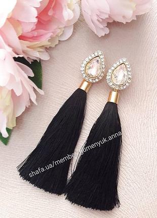 Серьги черные  белым камнем