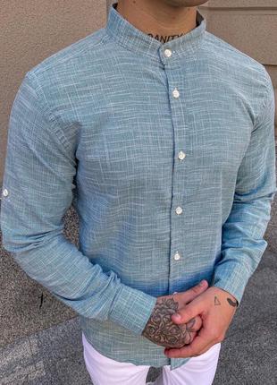 Мужская стильная хлопковая рубашка с воротником стойкой4 фото