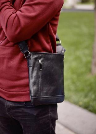 Мужская сумка барсетка black через плечо для документов классическая из натуральной кожи мессенджер  черная6 фото