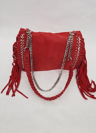 Сумка zara, кожаная сумка кросбоди zara, шкіряна сумка з бахрамою, червона сумка, красная сумка