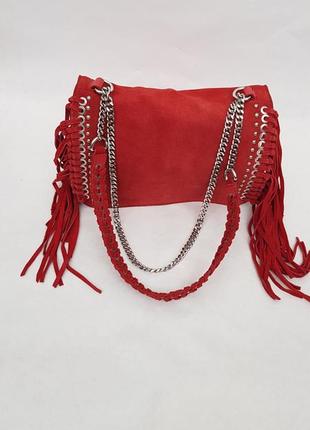 Сумка zara, кожаная сумка кросбоди zara, шкіряна сумка з бахрамою, червона сумка, красная сумка2 фото