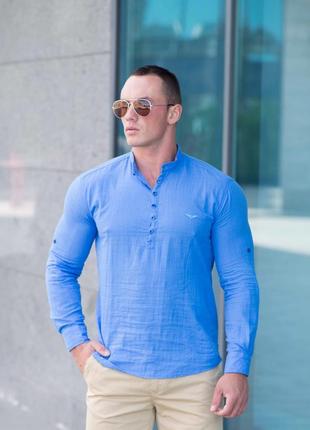 Мужская стильная хлопковая рубашка в синем цвете