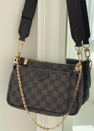 Трендова шикарна коричнева сумочка з ланцюжком в стилі louis vuitton pochete multi brown belt бренд коричнева картата сумка з червоною підкладкою2 фото