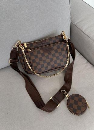 Трендова шикарна коричнева сумочка з ланцюжком в стилі louis vuitton pochete multi brown belt бренд коричнева картата сумка з червоною підкладкою1 фото