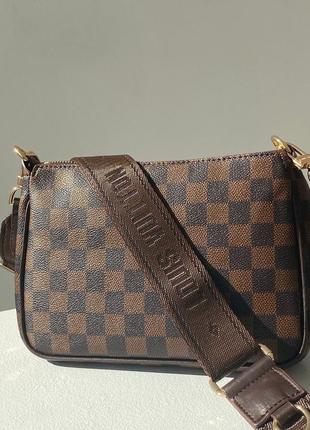 Трендова шикарна коричнева сумочка з ланцюжком в стилі louis vuitton pochete multi brown belt бренд коричнева шахова сумка з червоною підкладкою9 фото