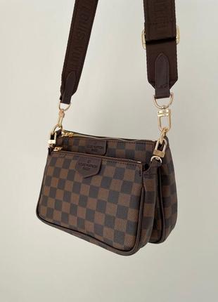 Трендова шикарна коричнева сумочка з ланцюжком в стилі louis vuitton pochete multi brown belt бренд коричнева шахова сумка з червоною підкладкою7 фото