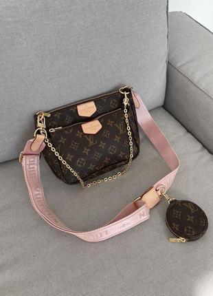 Трендова шикарна коричнева сумочка в стилі louis vuitton pochete multi pink belt бренд коричнева стильна сумка з ремінцем2 фото