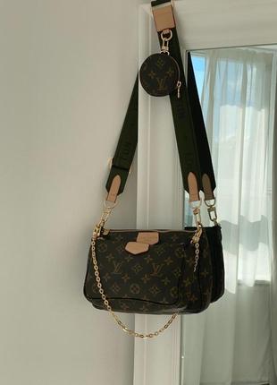 Трендова стильно коричнева сумочка в стилі louis vuitton pochete multi green belt бренд коричнева шикарна сумка з зеленим ремінцем8 фото