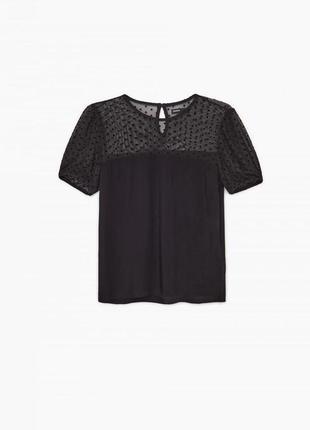 Чёрная блузка футболка в деловом стиле с рукавом фонарик в горошек3 фото