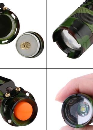 Тактичний телескопічний ручний вело міні ліхтарик led cree q5 три режими світіння камуфляж5 фото