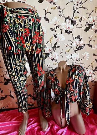 Костюм zara в цветочный принт топ и штаны зара