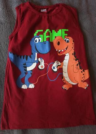 Бордовая майка с динозаврами для мальчика 7-8 лет