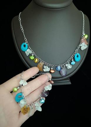 Натуральне каміння, муранське скло, комплект, браслет