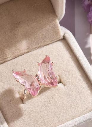 Кільце метелик кришталь рожеве колечко каблучка метелик рожевий1 фото