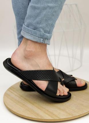 Мужские сланцы (шлепанцы) черные кожаные (шлепки из натуральной кожи черного цвета) - мужская обувь на лето 20223 фото