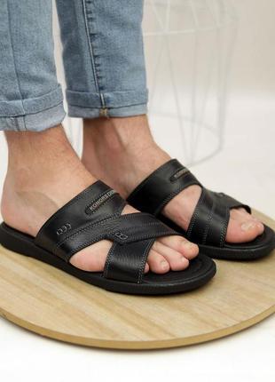 Мужские сланцы (шлепанцы) на липучках черные кожаные (шлепки из натуральной кожи черного цвета) - мужская обувь на лето 20222 фото