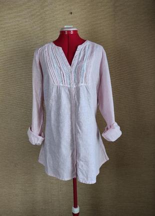 Льняна блузка сорочка рубашка в полоску з мереживом великий розмір