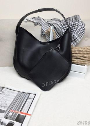 Чорна сумка мішок шопер жіноча, женская сумка черная с кошельком2 фото