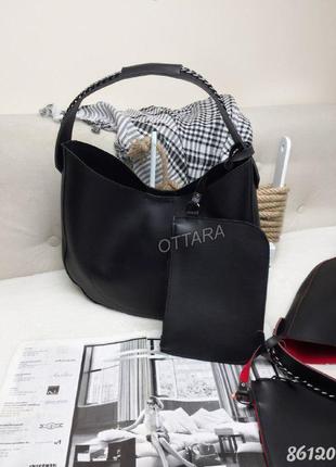 Чорна сумка мішок шопер жіноча, женская сумка черная с кошельком3 фото
