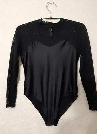 Брендовий боді чорний жіночий комбідрес еластик довгі мереживні рукави  р42 44 46 бренд phildar