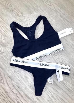 Женский набор топ + трусы (стринги) синий calvin klein келвин кляйн оригинал9 фото